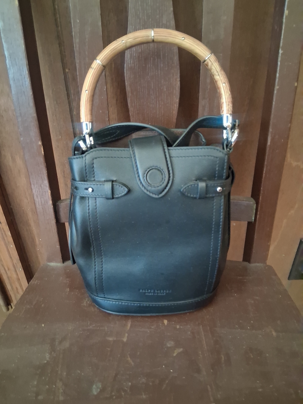 Ralph Lauren Black Leather Mini Bucket Bag with Bamboo Handle - Picture 7 of 11
